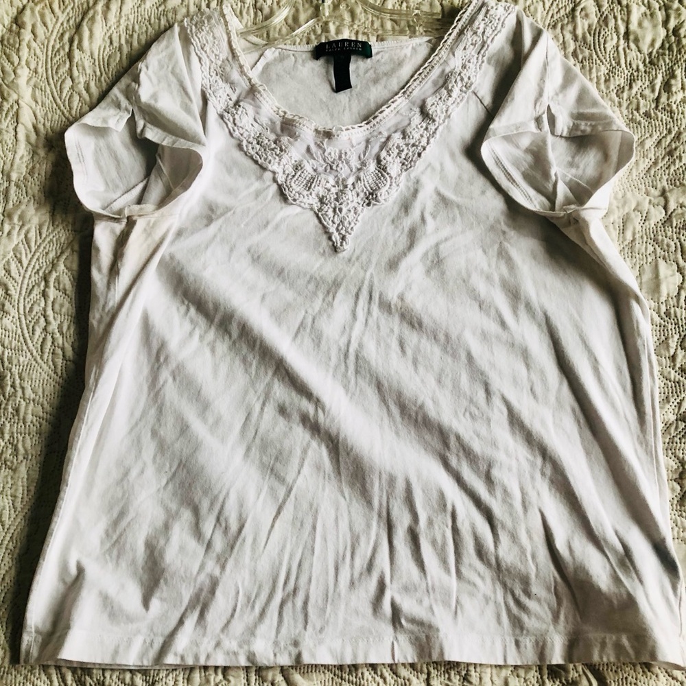 RALPH LAUREN Cotton T-Shirt with White Lace Trim 1X
